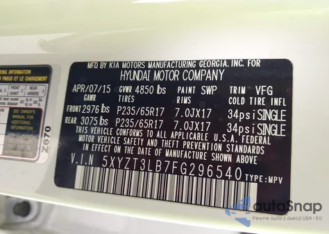 2015 Hyundai Santa Fe Sport 2.4L из США, поврежденный, VIN 5XYZT3LB7FG296540